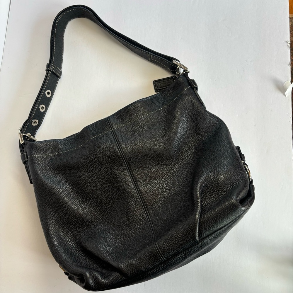 Coach Black Pleated Pebbled Leather Shoulder Bag with Silver Hardware
